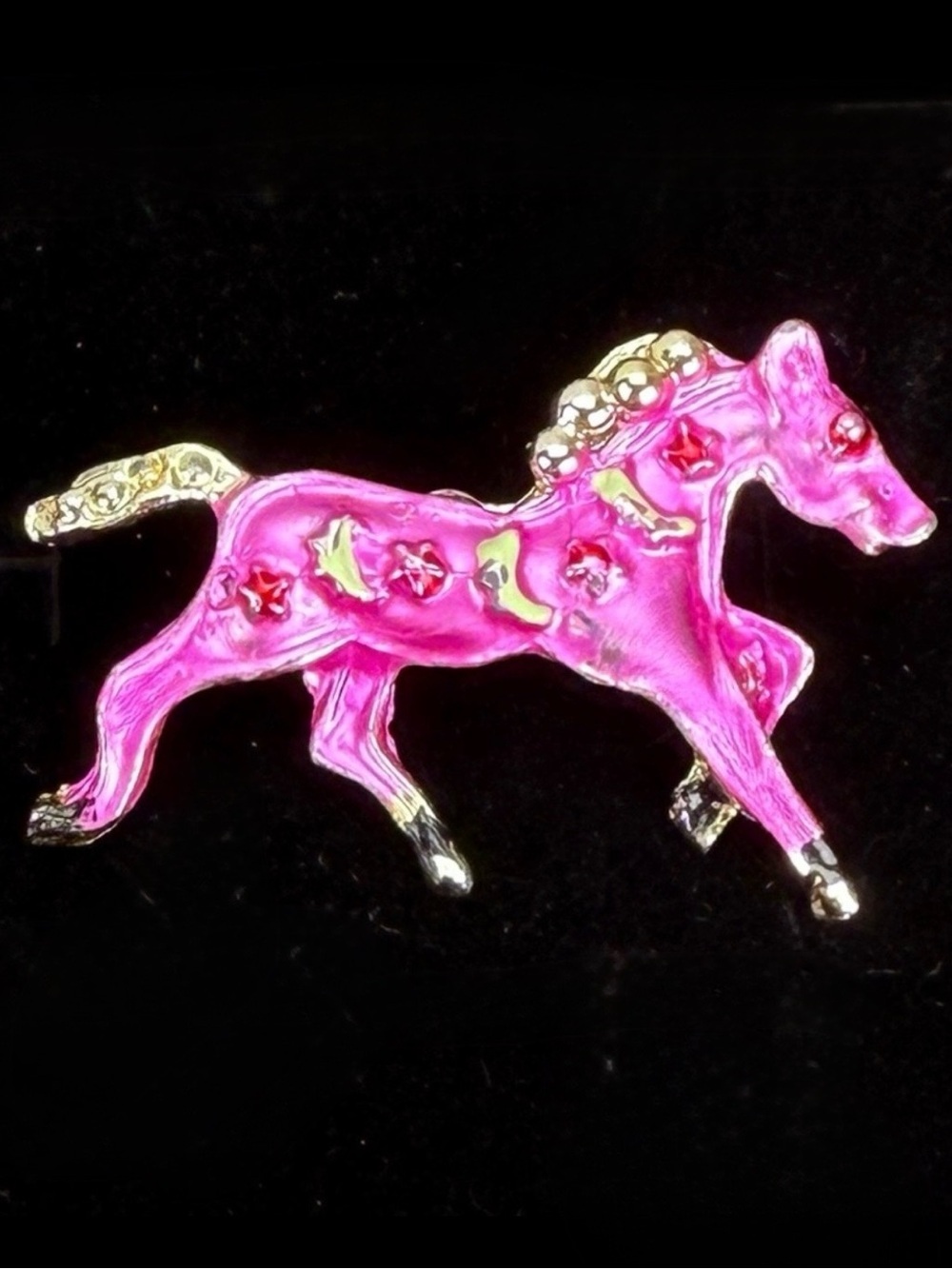 Vintage Pink Horse Brooch with Floral Accents